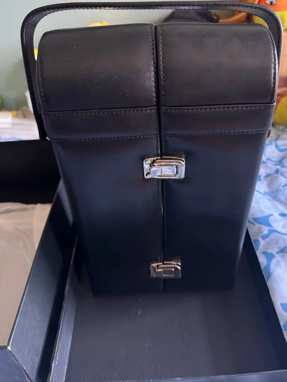 Executive black leather two bottle travel carrier case